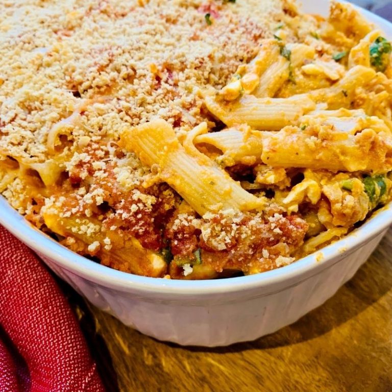 High Protein Pumpkin Cottage Cheese Pasta Bake